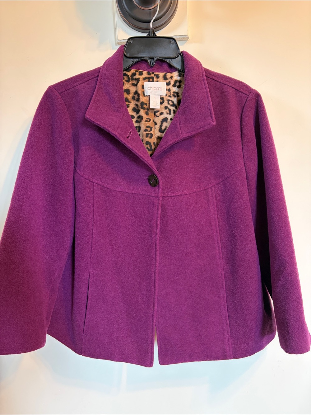 Chico’s Purple Jacket Size 1 M Leopard Lined Heavyweight Button Front